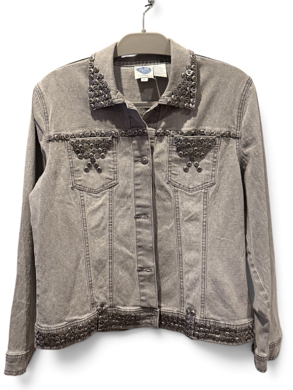 Vintage DG2 Diane Gilman embellished studded gray denim jean jacket M